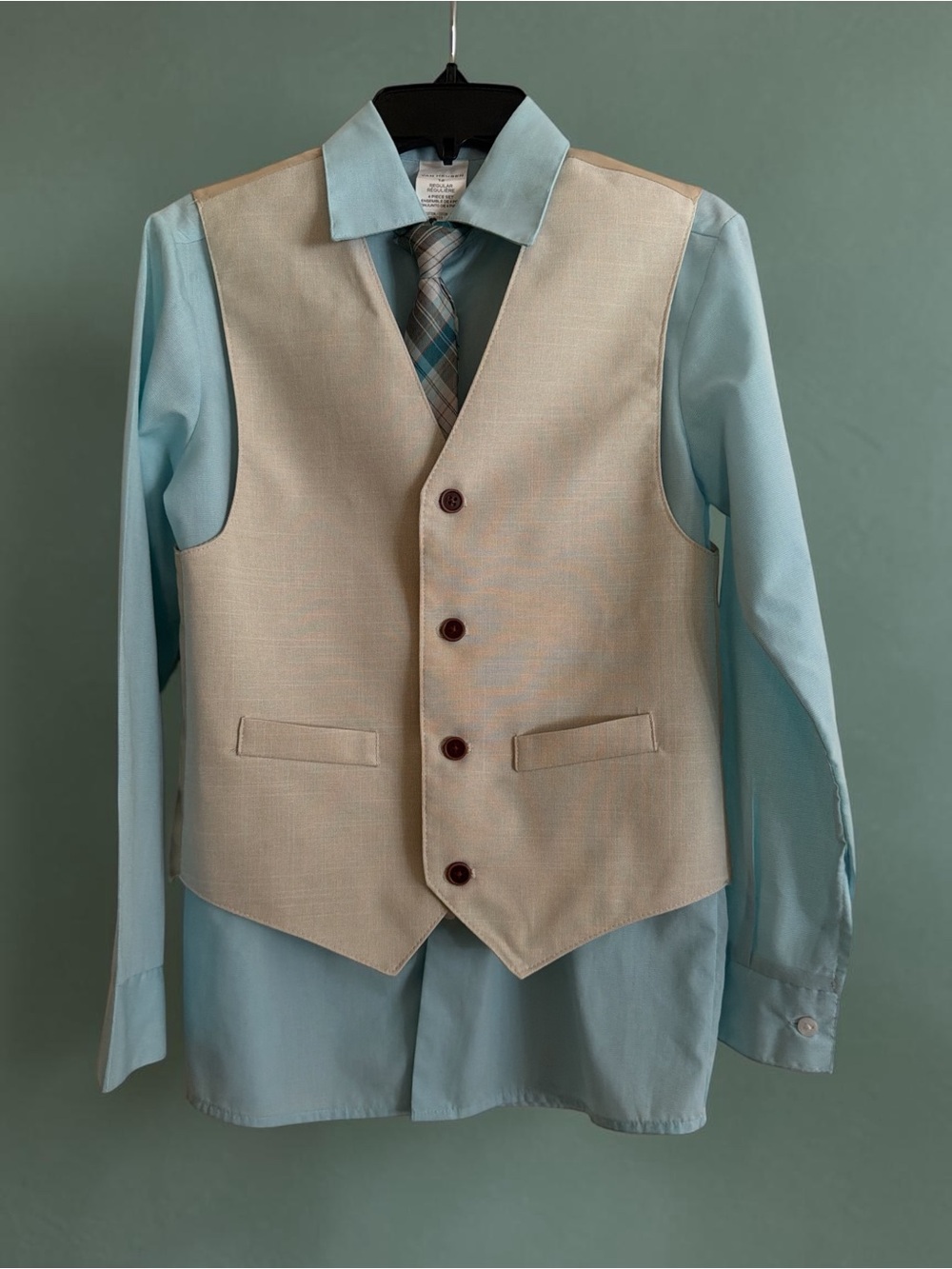 Van Heusen Cream Vest with Light Blue Dress Shirt and Plaid Tie